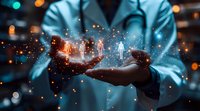 Professional in medical coat holding glowing holographic human figures in palm, representing digital healthcare technology and personalized medicine advancement.