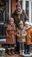 Caucasian father with gray beard and winter hat poses with three smiling children in warm winter coats and knit beanies on front porch steps during cold season.