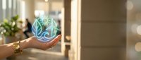 Hands holding glowing leaf hologram representing environmental sustainability, green energy, and eco-friendly technology for business and conservation concepts.