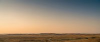 Vast open prairie landscape with golden grassland stretching to horizon under soft gradient sky at sunset creating serene natural wilderness scene.