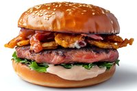 Juicy beef burger with crispy bacon, melted cheese, fresh lettuce and special sauce on toasted sesame bun, isolated on white background for menu and advertising.