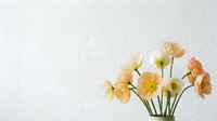 Delicate peach and yellow poppy flowers with green stems arranged against soft white textured background for spring home decor and floral design projects.