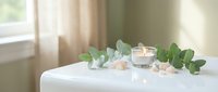 Spa wellness setup with eucalyptus leaves, lit candle and pink salt crystals on white table creating peaceful relaxation atmosphere for massage therapy.