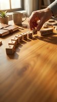 Businessman hand placing wooden blocks with checkmarks leading to success block on office desk. Business growth and achievement concept for presentations.