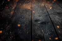 Dark wooden planks with magical glowing orange bokeh lights floating above, creating mysterious atmospheric mood for fantasy or spiritual backgrounds.