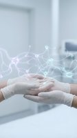 Medical professional hands in gloves protecting digital network connections representing healthcare technology innovation and data security.
