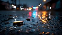 Urban crime scene with bullet casing on wet asphalt street at night with blurred city lights and police car emergency lights in background.