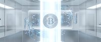 Futuristic digital corridor with glowing Bitcoin symbol and blockchain network connections in modern tech environment for cryptocurrency concepts.