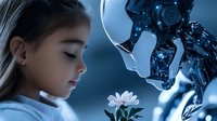 Young Asian girl and futuristic robot looking at white flower together in blue light, representing artificial intelligence, technology and human connection.