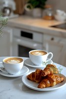 Cozy breakfast scene with fresh buttery croissants and two cups of latte art cappuccino on white marble table. Modern kitchen interior perfect for cafe menu, food blog or lifestyle content.