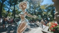 Young woman silhouette glowing with magical aura dances in summer garden surrounded by sparkling hearts and light trails against blurred nature background.