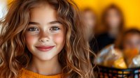 Young girl with wavy brown hair and bright smile against vibrant yellow background, with soft bokeh effect and natural lighting creating warm atmosphere.