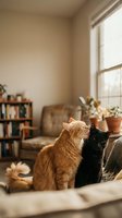 Two cats sitting together on a couch in a cozy living room with natural light from a window, potted plants, bookshelf, and comfortable furniture for home decor and pet lifestyle content.