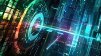 Futuristic cyber technology background with glowing neon circles and digital matrix elements in blue and orange colors creating dynamic tunnel effect.