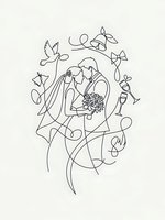 Continuous line drawing of wedding couple embracing with floral elements and dove on soft pink background for romantic design projects.