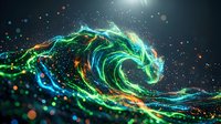 Digital wave of glowing particles flowing in swirling motion, featuring vibrant neon green, blue, and orange colors against dark background for tech and energy concepts.