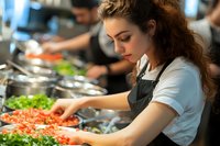 Young female chef preparing fresh vegetables in professional restaurant kitchen during busy service time.