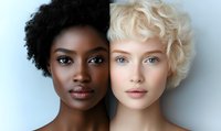 Close-up portrait of two diverse young women with contrasting skin tones and hair textures against light background, showcasing natural beauty and inclusivity.