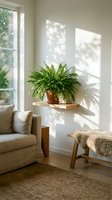 Bright living room corner with fern plant in terracotta pot on wooden shelf, beige armchair, natural light from window, minimalist home decor and interior design.