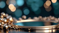 Elegant golden jewelry bracelet with sparkling gemstones on luxurious teal bokeh background for premium fashion and accessories advertising campaigns.