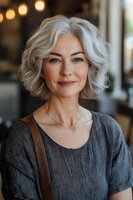 Confident mature woman with silver wavy hair smiling warmly at camera. Natural makeup, wearing gray blouse and minimal jewelry in cafe setting with soft bokeh lights.