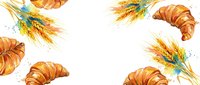 Watercolor croissants and wheat stalks scattered on white background, ideal for bakery branding, cafe menus, food packaging design and breakfast-themed marketing materials.