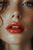 Close-up portrait of young Caucasian woman with freckles, wet skin, red glossy lips and green eyes for beauty and skincare advertising campaigns.