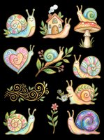 Cute snail clipart set with mushroom, heart, flowers and house, isolated on transparent background, ready for stickers, t-shirt design, and print on demand.