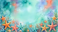 Watercolor underwater ocean scene with colorful starfish and seaweed creating decorative border frame on textured aqua blue background for marine themed designs.