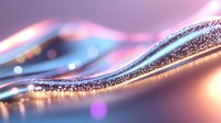 Flowing abstract waves with glitter sparkles in pink and blue colors create magical light effect on blurred background with bokeh elements and reflections.
