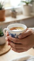 Hands holding decorative ceramic cup with hot tea or coffee beverage in cozy home interior with potted plants and blurred background for lifestyle and wellness content.