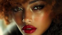 Close-up portrait of young woman with curly hair, freckles, and bright red lipstick against soft background, showcasing glamorous makeup look.
