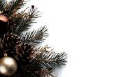 Festive corner arrangement with gold ornament, pine cones and evergreen branches on white background, creating elegant Christmas border composition. Isolated design element.
