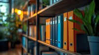 Colorful office folders arranged on wooden shelves with ambient lighting and decorative plant creating modern workspace atmosphere. Professional organization concept.