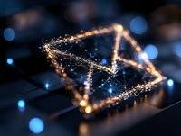 Glowing digital envelope symbol made of connected dots and lines floating over keyboard with blue bokeh lights, representing electronic communication concept.