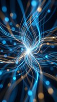 Abstract blue energy vortex with glowing light trails and bokeh effects creating dynamic swirling motion for technology and science backgrounds.