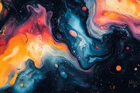 Abstract fluid art with vibrant orange, pink and blue swirls on black background creates cosmic nebula effect. Colorful acrylic paint flows resemble space galaxy patterns.