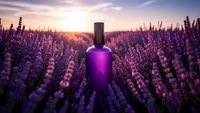 Purple glass bottle in blooming lavender field at golden sunset. Natural cosmetics, essential oils, aromatherapy products concept for spa and wellness industry.