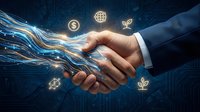 Business handshake with digital technology streams and sustainability icons representing partnership in green finance and eco-friendly investment solutions.