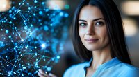 Young professional woman with digital network connections and glowing data points representing technology, artificial intelligence and modern business innovation.