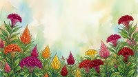 Vibrant watercolor celosia and marigold garden border with lush green leaves on a soft pastel background, copy space for text.