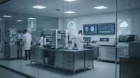 Modern sterile laboratory with scientists in white coats working with advanced equipment and digital displays for medical research and development.