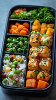 Healthy bento box lunch with grilled chicken, colorful vegetables, rice and fresh greens in compartmentalized container for meal prep and balanced nutrition.