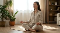 Young woman practicing mindfulness meditation in lotus position on yoga mat at home with natural sunlight streaming through window creating peaceful atmosphere.