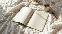 Open blank notebook mockup on white linen bed with coffee cup and glasses, soft natural light, cozy morning lifestyle scene.