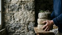Artisan hands holding stacked cork-wrapped gift boxes against rustic stone wall, showcasing eco-friendly sustainable packaging for holiday presents and special occasions.