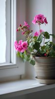 Pink geranium flowers blooming in ceramic pot on windowsill with soft natural daylight, creating serene indoor garden atmosphere for home decor and lifestyle design.