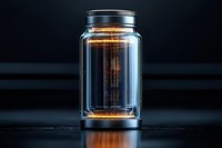 Glowing glass jar with futuristic orange light effect on dark background, modern minimalist design concept with dramatic lighting and reflective surface.