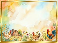 Watercolor farm scene with rooster, hen, cottage, and wildflowers on isolated background. Perfect for rustic designs, farmhouse decor, greeting cards, and agricultural projects.