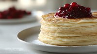 Stack of thin pancakes topped with sweet cranberry sauce on white plate, dusted with powdered sugar for breakfast or dessert.